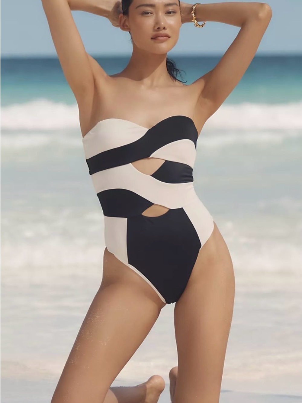 Strapless Cutout One-Piece Swimsuit in Black and White